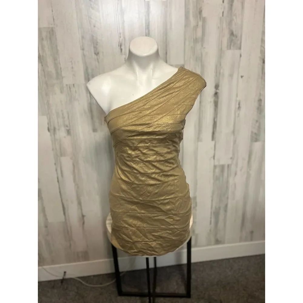 Express Gold One Shoulder Bodycon Dress Small Metallic Ruched Mini Party Dress